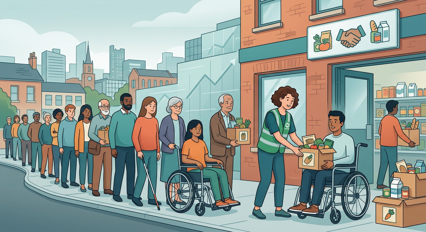 image has a queue of disabled people for food bank